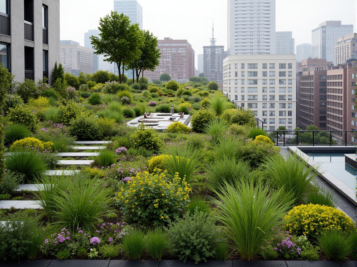 Prompt: Vibrant green roofs, lush vegetation, urban oasis, modern architectural design, eco-friendly buildings, sustainable energy solutions, solar panels, rainwater harvesting systems, insulating layers, waterproof membranes, drainage systems, irrigation networks, diverse plant species, blooming flowers, buzzing bees, butterflies, natural habitats, wildlife conservation, air purification systems, reduced carbon footprint, thermal mass reduction, urban heat island mitigation, stormwater management, panoramic city views, 3/4 composition, shallow depth of field, realistic textures, ambient occlusion.