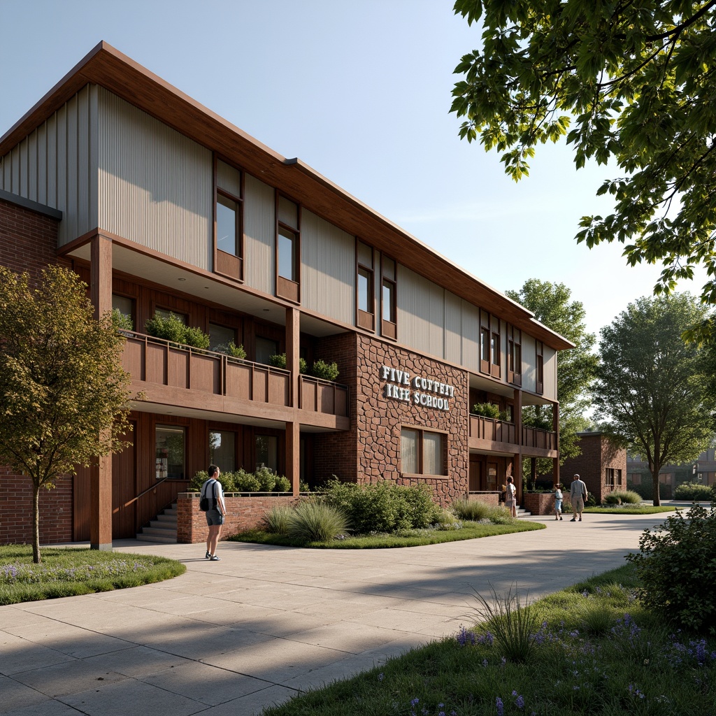 Prompt: Rustic high school building, earthy brown brick facade, rugged stone walls, distressed wood accents, corrugated metal roofing, weathered copper trim, industrial-style signage, lush greenery surroundings, mature trees, sunny afternoon, soft warm lighting, shallow depth of field, 3/4 composition, panoramic view, realistic textures, ambient occlusion.