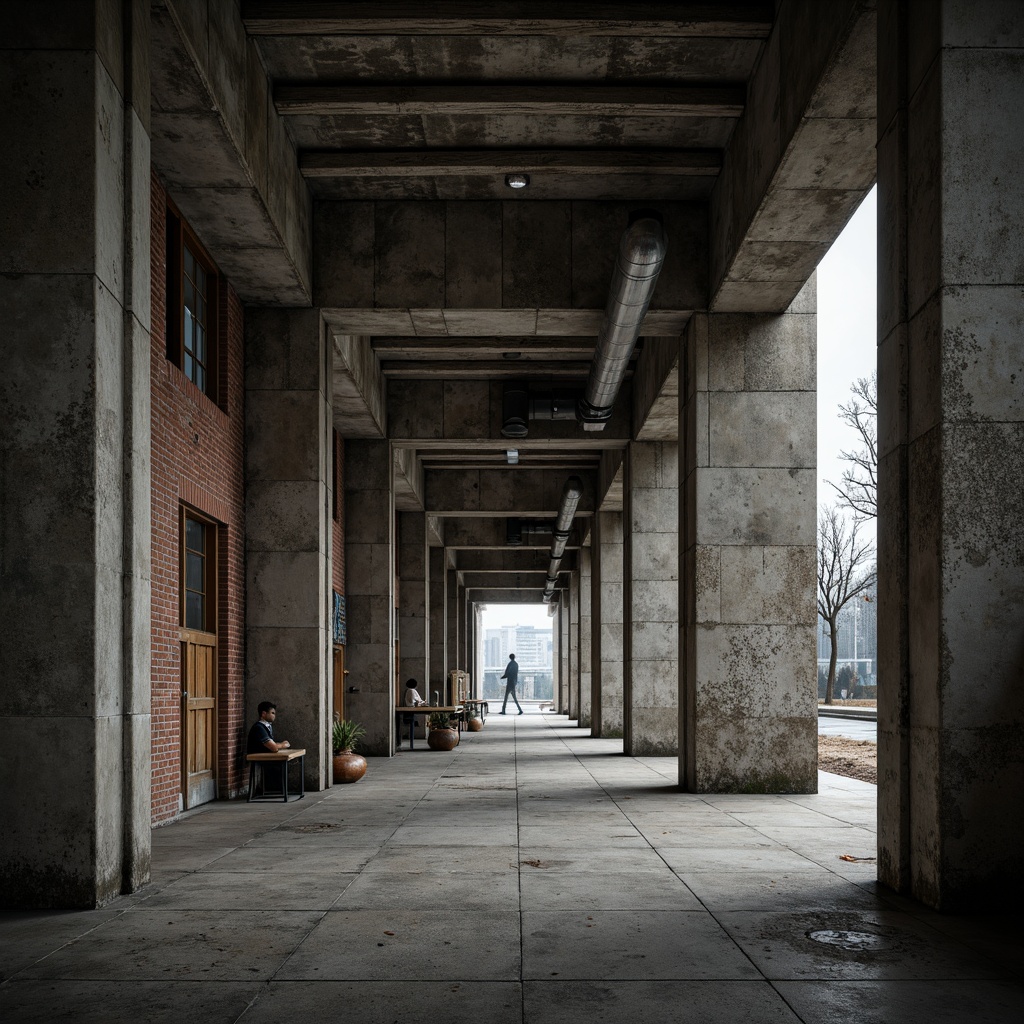 Prompt: Rough-hewn concrete walls, weathered steel beams, raw brick facades, industrial metal pipes, exposed ductwork, rugged stone floors, distressed wood accents, brutalist monumentality, urban cityscape, overcast skies, dramatic shadows, high-contrast lighting, deep depth of field, 2/3 composition, abstract silhouettes, gritty realistic textures, atmospheric fog effects.