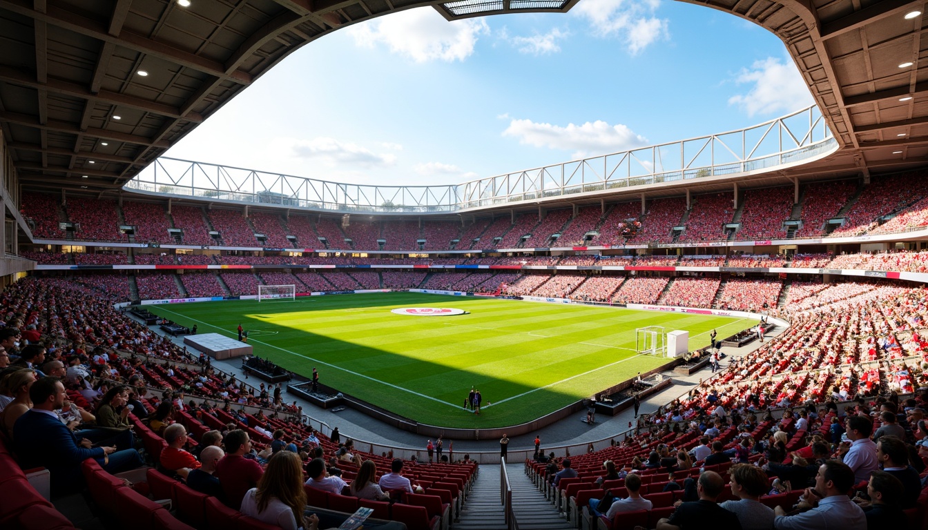 Prompt: Vibrant stadium atmosphere, bold team colors, dynamic lighting effects, sleek modern architecture, angular lines, grandstand seating, lush green turf, sports equipment, goalposts, scoreboards, energetic crowd, warm sunny day, soft natural light, shallow depth of field, 3/4 composition, panoramic view, realistic textures, ambient occlusion.