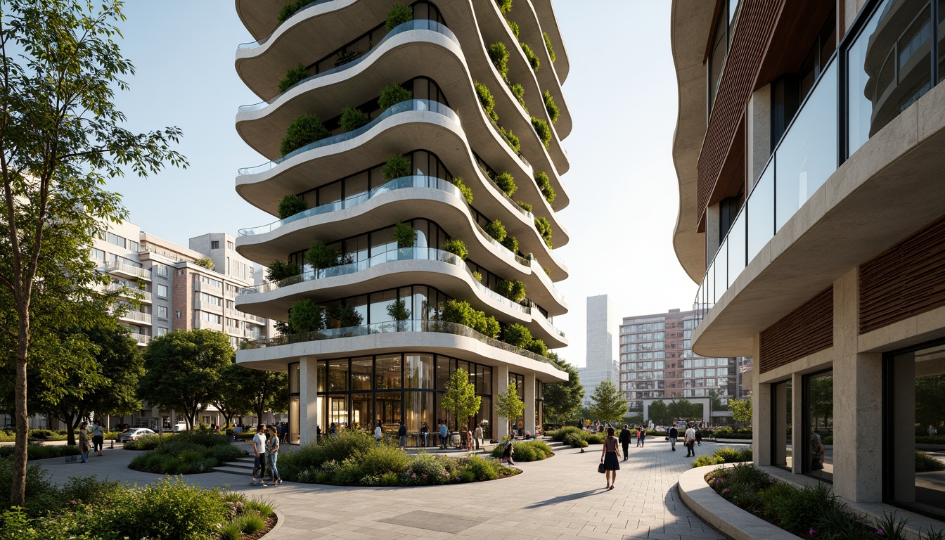 Prompt: Eco-friendly skyscraper, living green walls, recycled metal fa\u00e7ade, solar panels, wind turbines, rainwater harvesting systems, low-carbon concrete, FSC-certified wood, bamboo flooring, reclaimed wood accents, energy-efficient glazing, natural ventilation systems, organic shapes, curved lines, minimalist aesthetic, abundant natural light, soft warm ambiance, shallow depth of field, 3/4 composition, panoramic view, realistic textures, ambient occlusion.