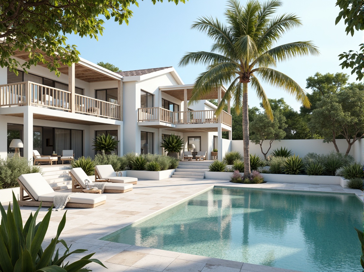 Prompt: Soft wisteria hues, pastel blue accents, creamy whites, weathered wood textures, driftwood gray, sea salt sprays, ocean breeze, beachy keens, seaside villas, coastal architecture, large windows, sliding glass doors, outdoor living spaces, tropical plants, palm trees, hammocks, nautical ropes, distressed finishes, warm sunny day, soft natural lighting, shallow depth of field, 1/2 composition, realistic renderings.