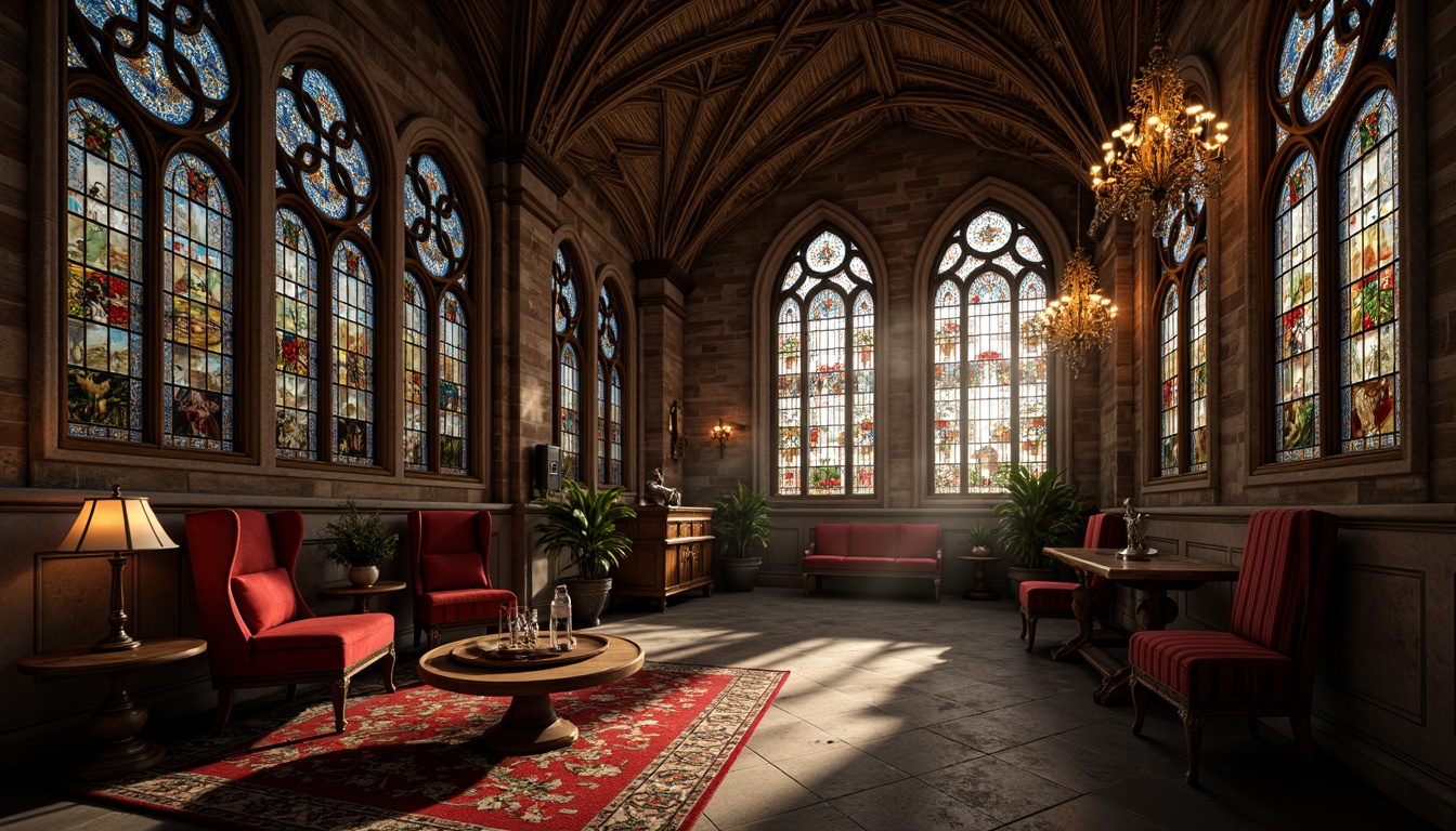 Prompt: Intricate stained glass windows, ornate gothic arches, majestic stone walls, mysterious dim lighting, richly colored glass patterns, medieval-inspired furnishings, grandiose chandeliers, luxurious velvet drapes, mystical ambiance, eerie shadows, 1/2 composition, warm golden lighting, realistic textures, ambient occlusion.