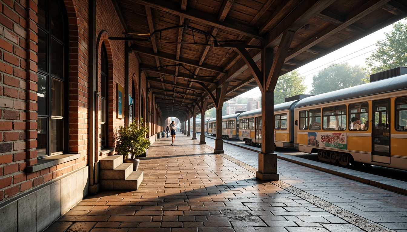 Prompt: Rustic tram station, exposed brick walls, arched windows, ornate stonework, weathered steel beams, industrial chic aesthetic, urban landscape, busy streets, morning rush hour, natural stone flooring, ceramic tile accents, metal roofing, intricate masonry patterns, distressed concrete textures, warm soft lighting, shallow depth of field, 1/1 composition, realistic rendering.