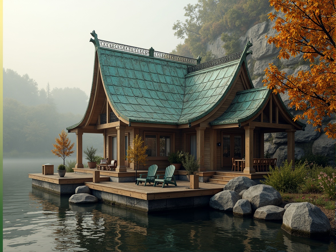 Prompt: Elegant boathouse, neoclassical architecture, ornate wooden details, copper roofing, green oxidized patina, rustic stone walls, wooden docks, serene lake views, misty morning atmosphere, soft warm lighting, shallow depth of field, 1/1 composition, realistic water reflections, ambient occlusion.