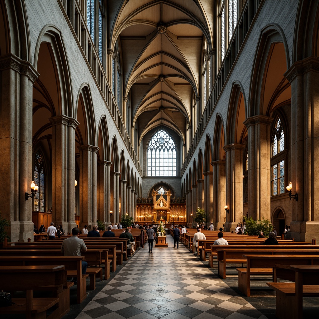 Prompt: Majestic Gothic cathedral, pointed arches, ribbed vaults, flying buttresses, stained glass windows, intricate stone carvings, ornate facades, grand entranceways, dramatic verticality, soaring ceilings, warm golden lighting, mystical ambiance, historic architecture, medieval inspirations, sacred atmospheres, solemn silence, reverent reverence.