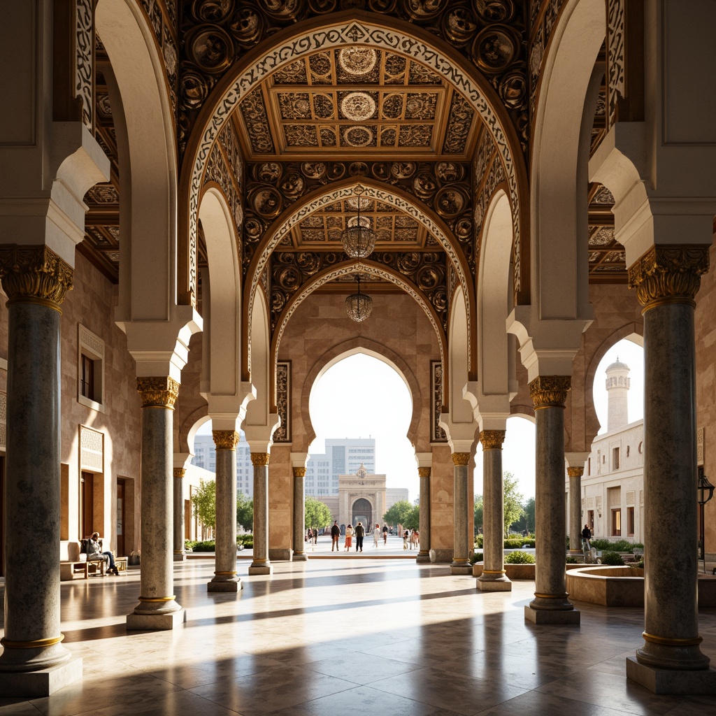 Prompt: Intricate ornamental arches, Moorish-inspired architecture, grand entranceways, symmetrical compositions, elegant curves, ornate carvings, golden accents, lavish decorations, luxurious materials, marble columns, high ceilings, spacious interiors, natural light pouring in, soft warm ambiance, 1/1 composition, shallow depth of field, realistic textures, ambient occlusion.