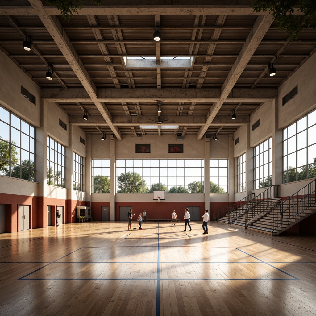 Prompt: Modern gymnasium interior, high ceilings, exposed ductwork, polished wood flooring, basketball court markings, sports equipment, bleacher seating, large windows, clerestory windows, natural lighting, soft warm ambiance, indirect sunlight, diffuse shadows, 1/1 composition, shallow depth of field, realistic textures, ambient occlusion, athletic atmosphere, dynamic color palette.