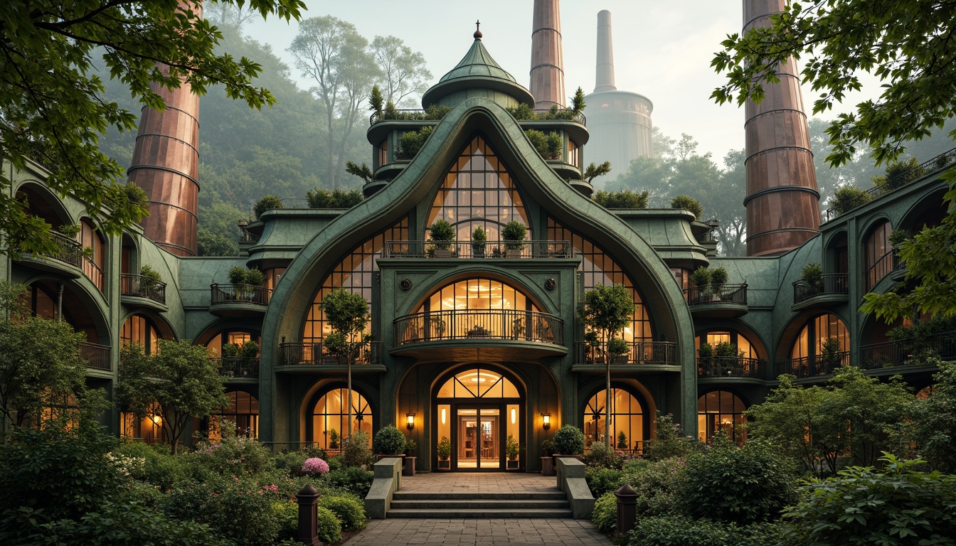 Prompt: Intricate energy plant, ornate Art Nouveau architecture, curved lines, flowing organic forms, vibrant greenery, lush foliage, botanical motifs, stained glass windows, intricate metalwork, ornamental railings, grand entranceways, imposing chimneys, industrial machinery, copper accents, bronze details, warm golden lighting, soft misty atmosphere, shallow depth of field, 2/3 composition, realistic textures, ambient occlusion.