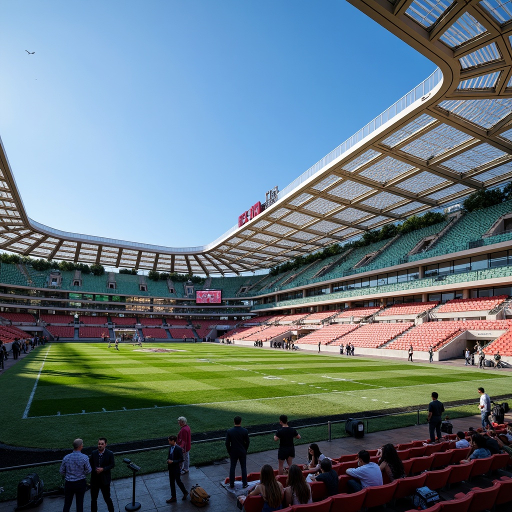 Prompt: Dynamic football stadium, curvaceous facade, metallic latticework, LED lighting system, vibrant team colors, sleek angular lines, cantilevered roof structure, transparent glass walls, panoramic views, tiered seating areas, lush green roofs, modern architecture, sunny day, dramatic shadowing, high-contrast lighting, 3/4 composition, wide-angle lens, realistic textures, ambient occlusion.