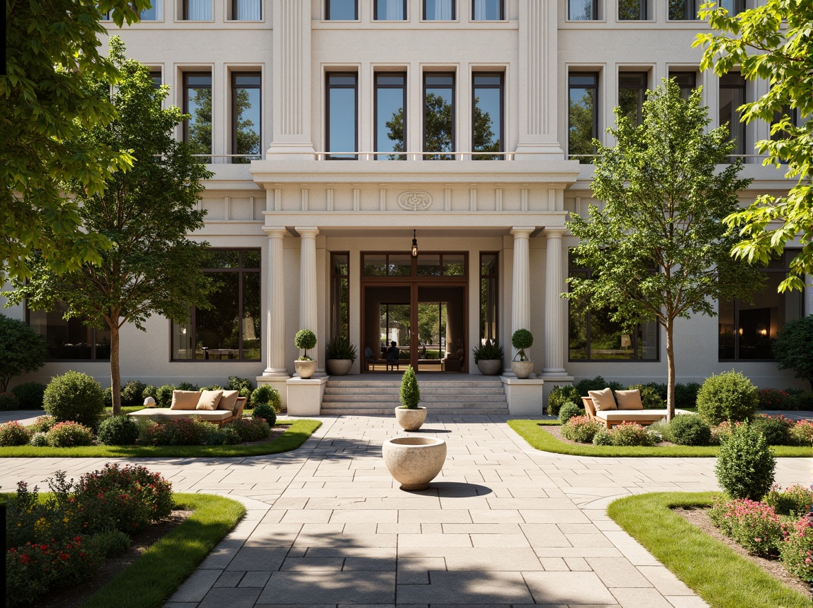 Prompt: Elegant office building facade, symmetrical architecture, ornate columns, grand entrance, manicured lawns, topiary trees, seasonal flower arrangements, meandering walkways, cast stone benches, decorative fountains, water features, natural stone paving, classical sculptures, vibrant greenery, sunny day, soft warm lighting, shallow depth of field, 3/4 composition, panoramic view, realistic textures, ambient occlusion.