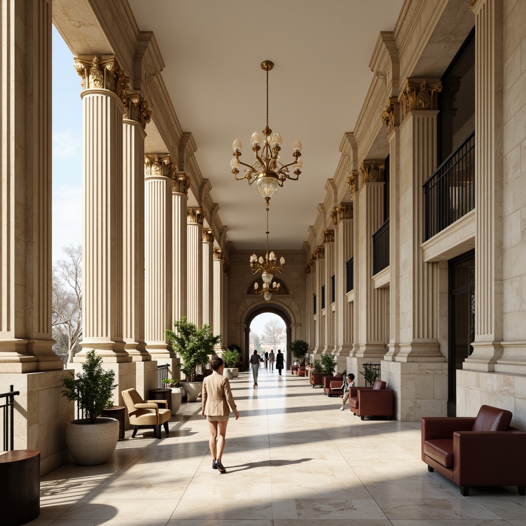 Prompt: Elegant bank facade, neoclassical columns, ornate details, symmetrical composition, neutral color palette, creamy whites, warm beiges, rich gold accents, subtle bronze tones, dark wood furnishings, marble flooring, grand chandeliers, soft natural lighting, shallow depth of field, 1/1 composition, realistic textures, ambient occlusion.