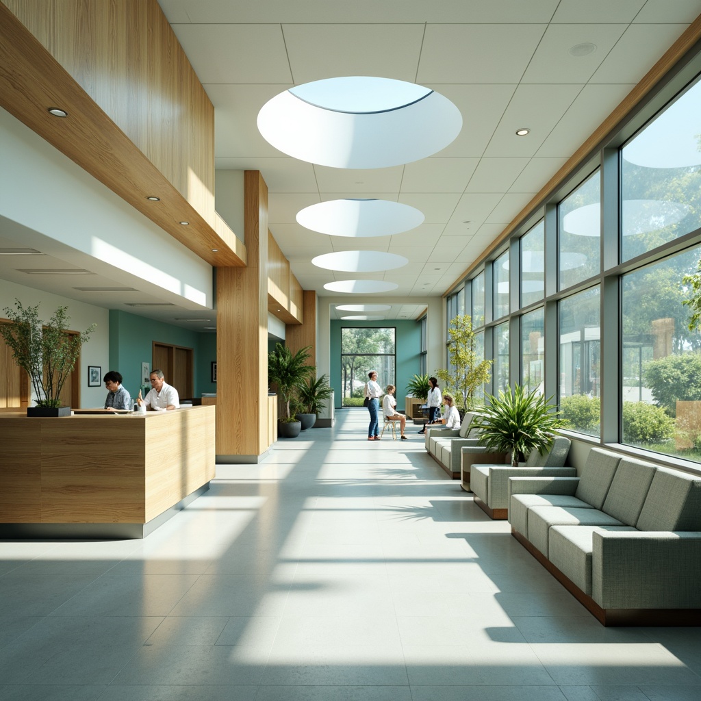 Prompt: Calming healthcare facility, soft pastel colors, gentle blue tones, soothing green hues, warm beige accents, natural wood textures, comfortable waiting areas, peaceful ambiance, calming lighting effects, shallow depth of field, 1/2 composition, realistic renderings, ambient occlusion.