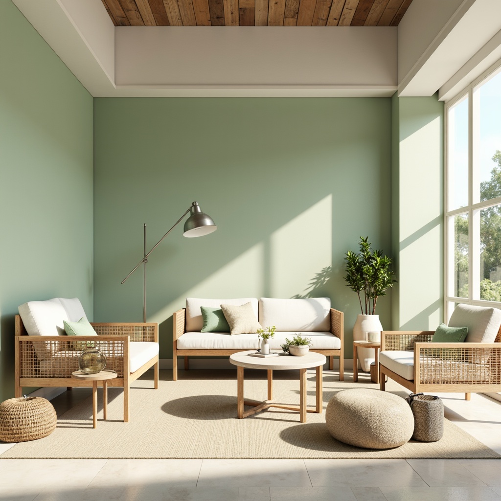 Prompt: Soft mint walls, pale green accents, creamy whites, warm beige floors, natural textiles, woven rattan furniture, minimalist decor, airy openness, abundant sunlight, gentle warm lighting, 1/1 composition, shallow depth of field, realistic textures, ambient occlusion.