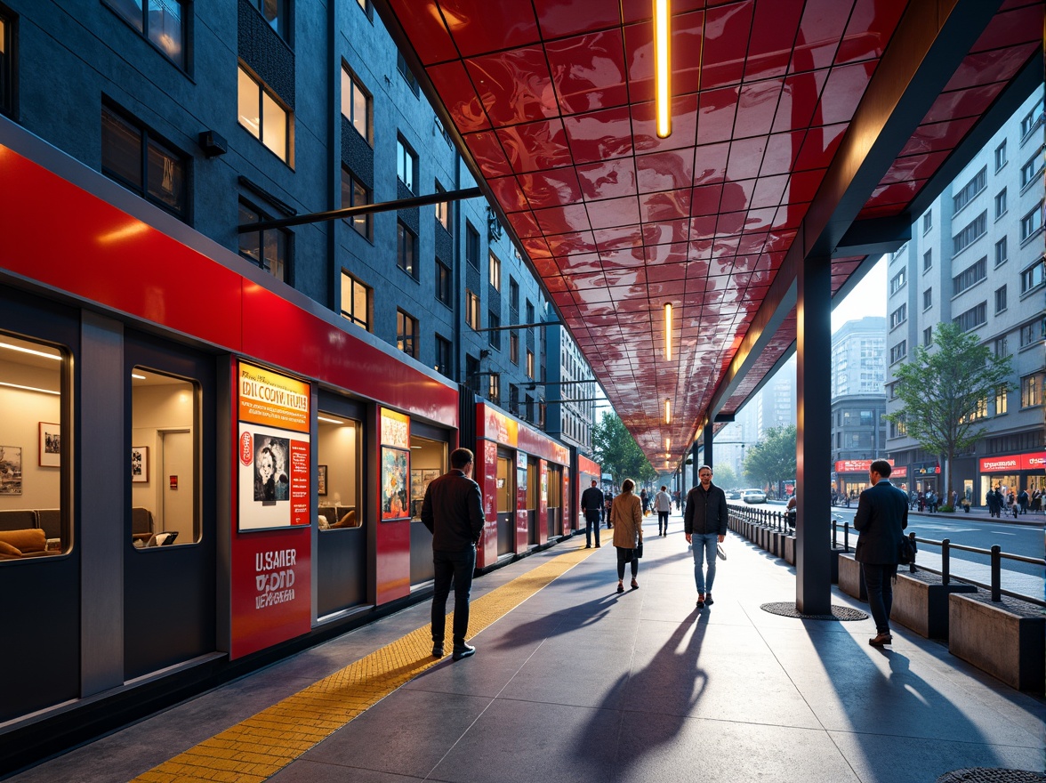 Prompt: Vibrant tram station, modern architecture, bold color scheme, bright LED lighting, dynamic signage, sleek metal accents, polished concrete floors, geometric patterns, urban landscape, busy city streets, morning commute, natural light pouring in, shallow depth of field, 3/4 composition, realistic textures, ambient occlusion.