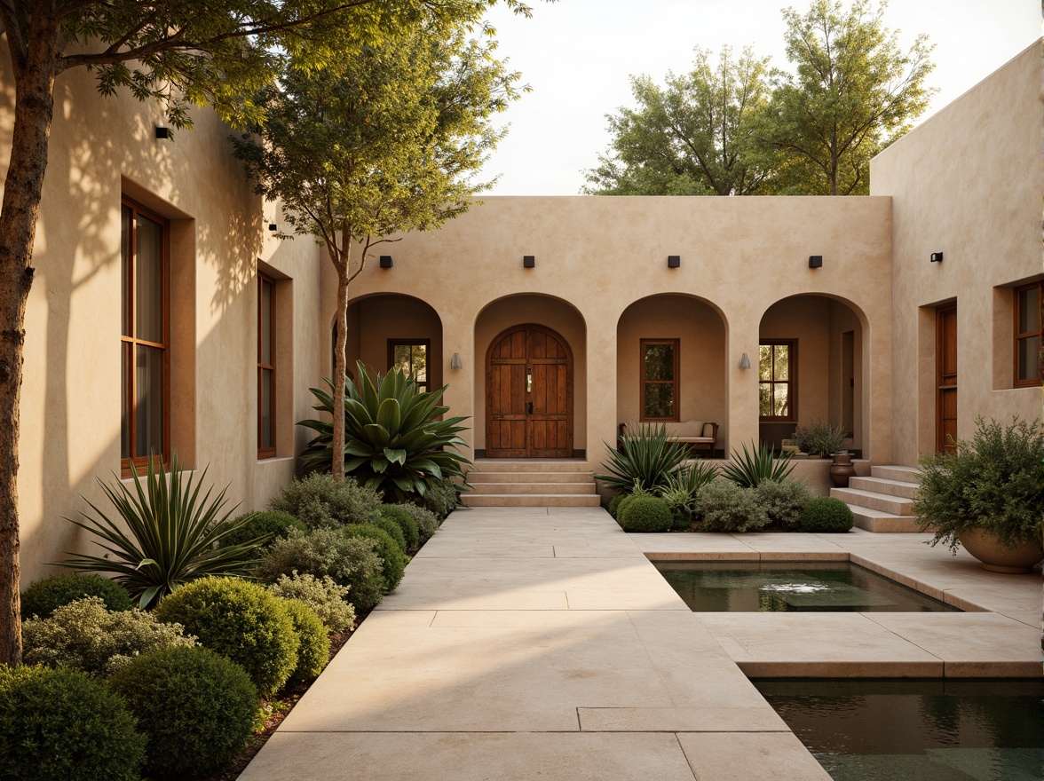 Prompt: Serene monastery courtyard, soft warm beige walls, rustic stone flooring, tranquil water features, lush greenery, subtle earthy tones, natural wood accents, minimalist decor, soft diffused lighting, warm golden hour, shallow depth of field, 3/4 composition, panoramic view, realistic textures, ambient occlusion.