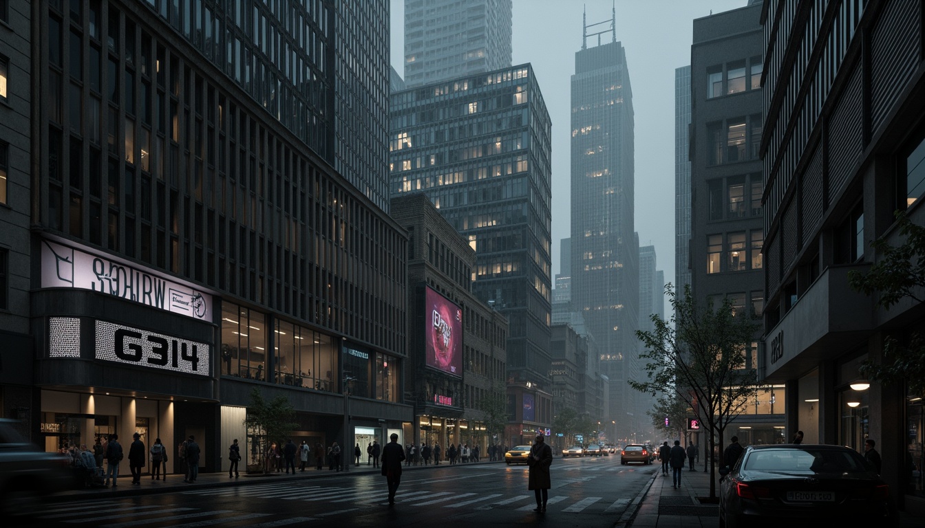 Prompt: Dark gray metropolitan cityscape, neon-lit skyscrapers, retro-futuristic architecture, sleek metallic surfaces, holographic advertisements, cyberpunk-inspired alleyways, misty atmospheric effects, rainy night scene, cinematic camera angles, low-key lighting, shallow depth of field, 2.35