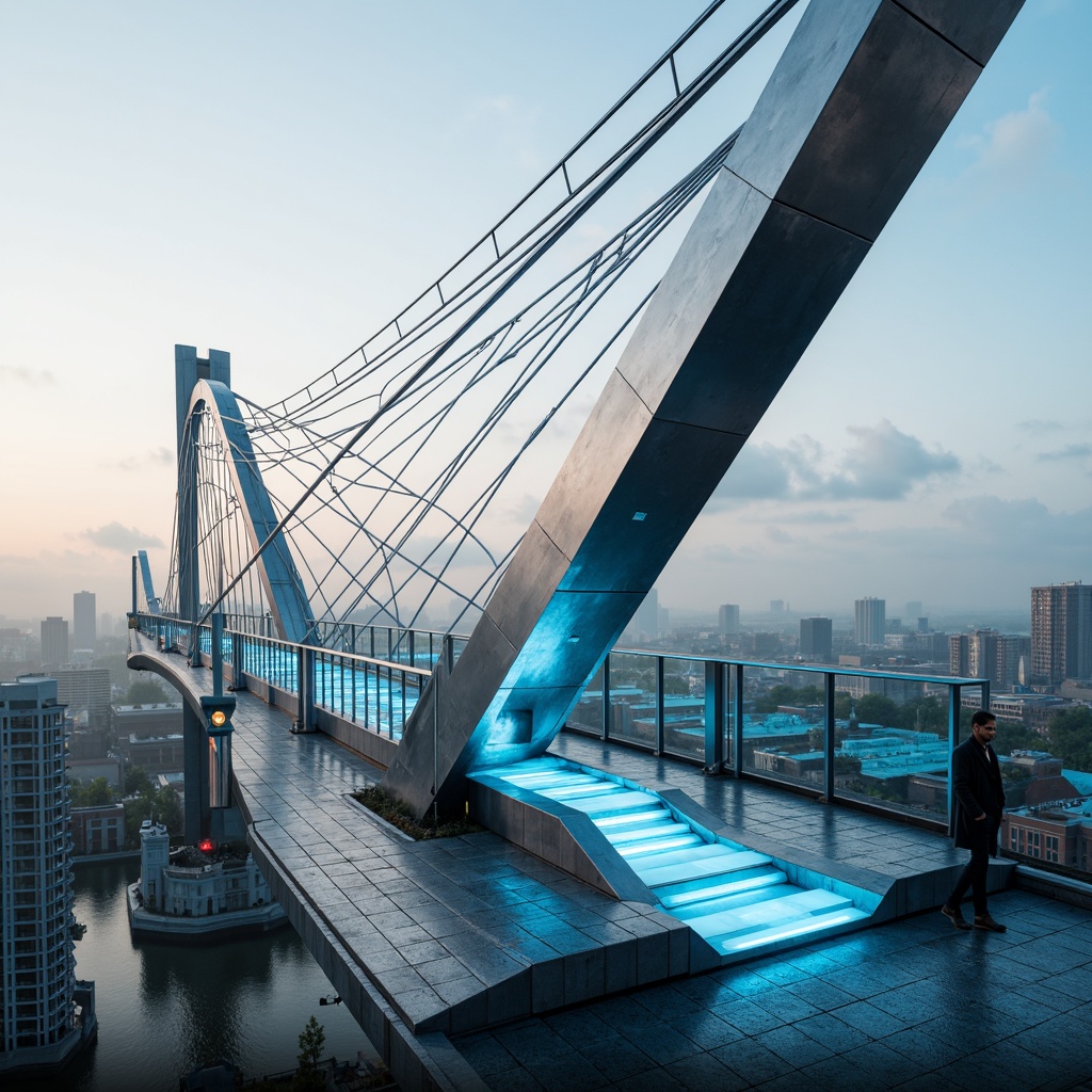 Prompt: Futuristic bridge design, metallic silver beams, neon blue accents, glowing white LED lights, sleek glass railings, modern minimalist architecture, cantilevered walkways, stainless steel cables, urban cityscape background, misty morning atmosphere, soft warm lighting, shallow depth of field, 3/4 composition, panoramic view, realistic reflections, ambient occlusion, hi-tech materials, industrial textures.