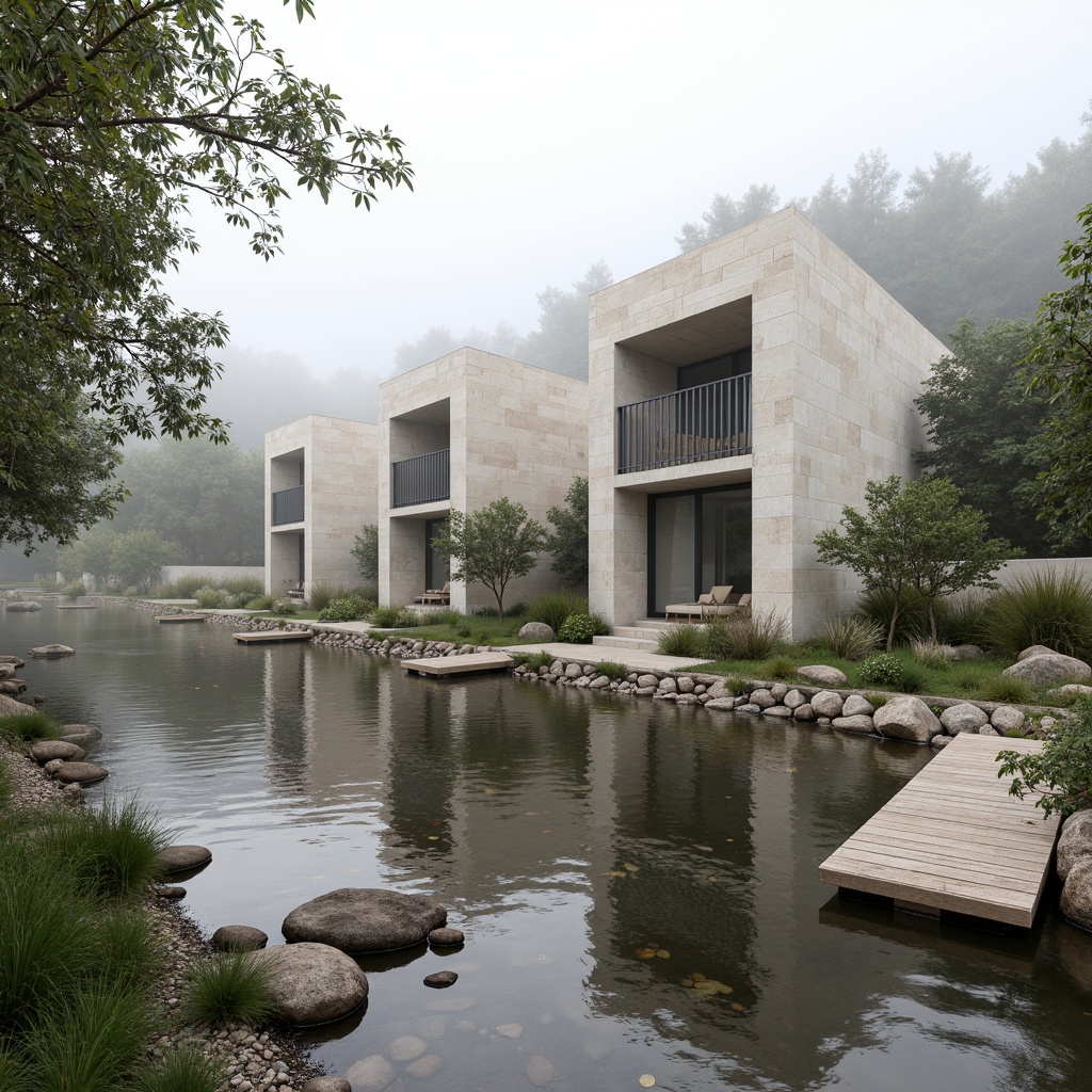 Prompt: Riverbank limestone buildings, minimalist architecture, clean lines, neutral color palette, natural stone facades, large windows, sliding glass doors, open floor plans, sparse greenery, native plants, river rocks, gravel pathways, stepping stones, wooden docks, serene water reflections, soft misty lighting, 1/1 composition, shallow depth of field, realistic textures, ambient occlusion.