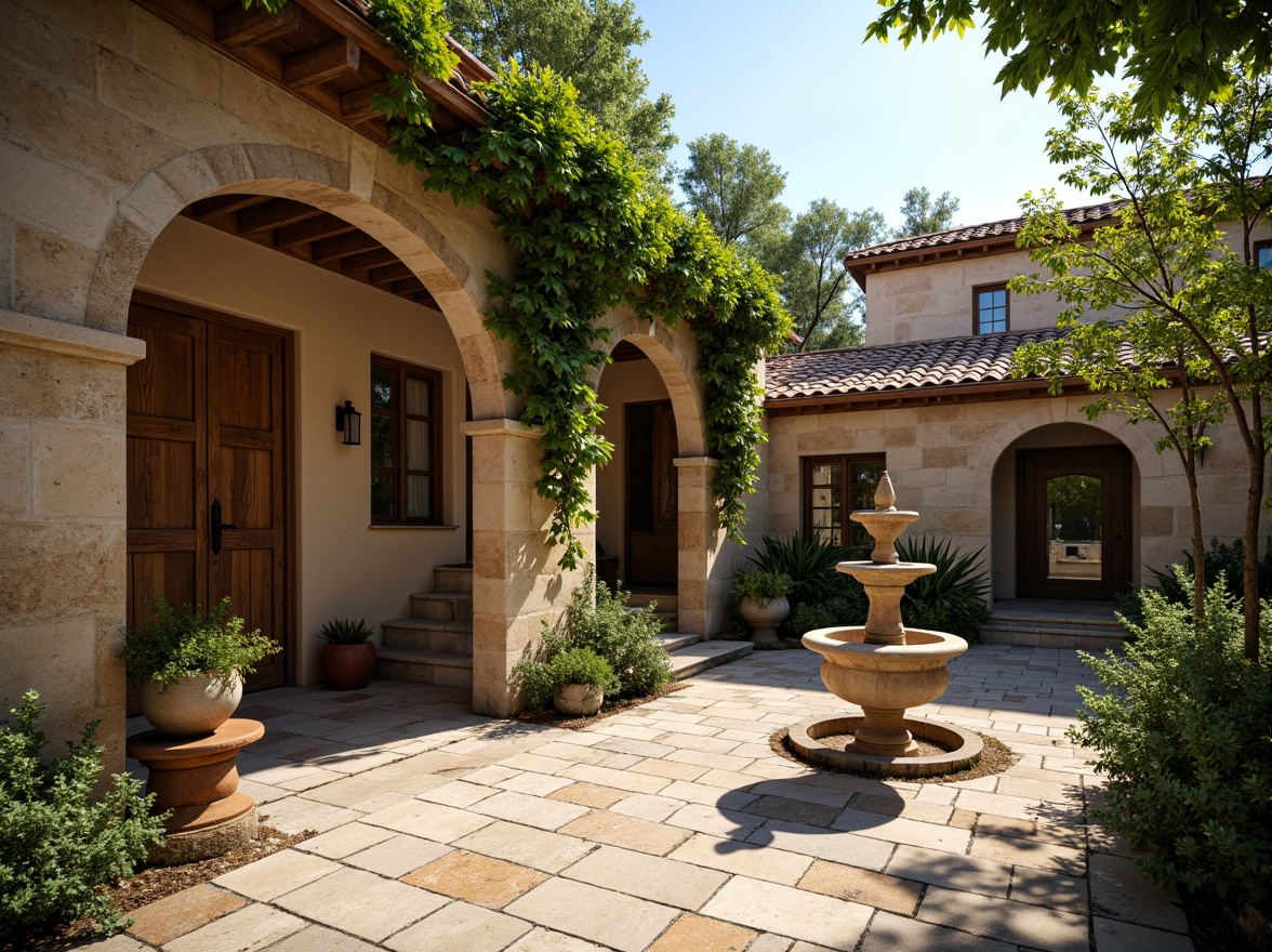 Prompt: Rustic Romanesque style house, rugged stone walls, rounded arches, ornate carvings, weathered wooden doors, terra cotta roof tiles, lush green vines, sun-drenched courtyard, tranquil fountain, warm earthy tones, soft natural lighting, shallow depth of field, 1/1 composition, intimate close-up shot, realistic textures, ambient occlusion.