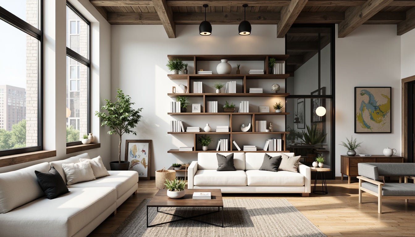 Prompt: Modern apartment, minimalist decor, sleek lines, open-plan living space, natural light, floor-to-ceiling windows, Scandinavian-inspired furniture, wooden flooring, industrial-chic accents, urban loft atmosphere, functional storage solutions, modular shelving units, cozy reading nooks, statement lighting fixtures, abstract artwork, neutral color palette, soft textures, 1/1 composition, shallow depth of field, warm and inviting ambiance.