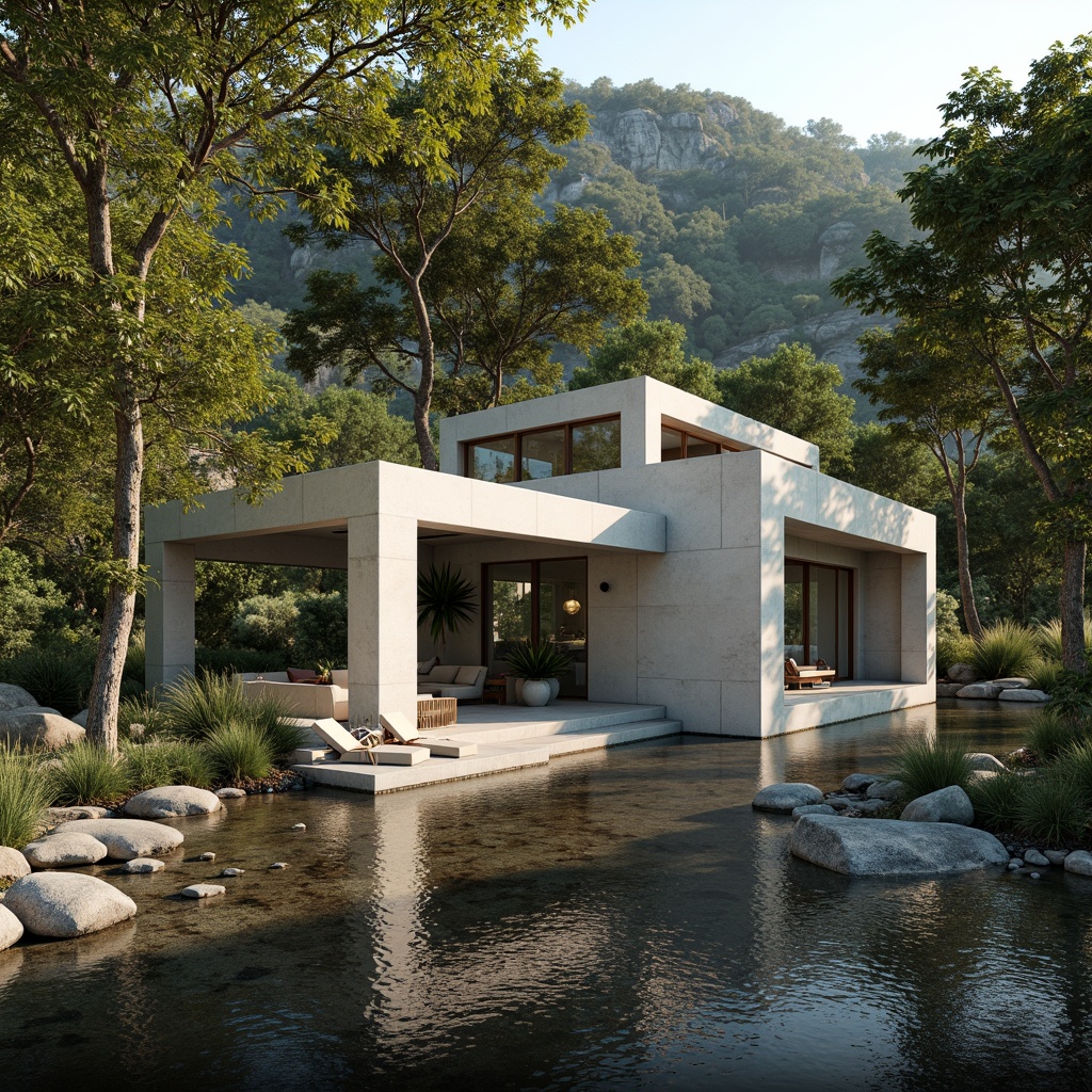 Prompt: Riverbank scenery, gentle water flow, lush greenery, limestone fa\u00e7ade, minimalist architecture, clean lines, monochromatic color scheme, natural stone walls, floor-to-ceiling windows, sliding glass doors, open-plan interior, polished concrete floors, subtle textures, soft warm lighting, shallow depth of field, 3/4 composition, panoramic view, realistic reflections, ambient occlusion.