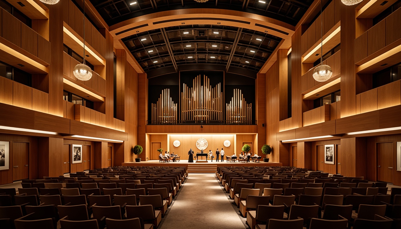 Prompt: Luxurious concert hall, premium sound quality, optimal reverberation time, sleek wooden paneling, curved ceiling design, professional audio equipment, high-fidelity speakers, precise acoustic calculations, sound-absorbing materials, minimal echo, warm ambient lighting, plush seating arrangements, sophisticated interior architecture, harmonious color palette, elegant chandeliers, refined details, 1/2 composition, shallow depth of field, soft focus.