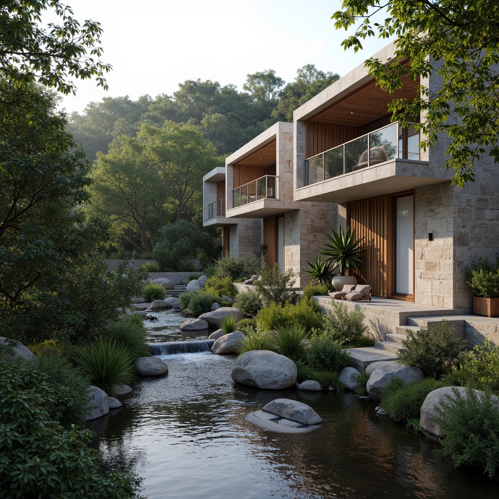 Prompt: Riverbank setting, serene water flow, lush green vegetation, natural limestone fa\u00e7ade, minimalist architecture, clean lines, simple forms, monochromatic color scheme, subtle texture variations, rustic stone walls, wooden accents, floor-to-ceiling windows, sliding glass doors, open-air balconies, panoramic river views, soft warm lighting, shallow depth of field, 3/4 composition, realistic stone textures, ambient occlusion, subtle water reflections.