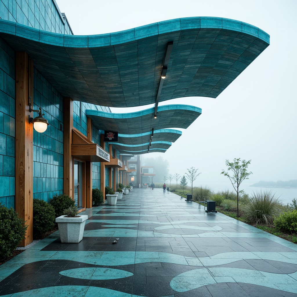 Prompt: Wave-inspired curved rooflines, ocean-blue glazed tiles, cantilevered canopy, stainless steel structural beams, weathered wood accents, nautical-themed signage, sea-salt air, misty morning atmosphere, soft diffused lighting, shallow depth of field, 1/1 composition, symmetrical architecture, modern coastal aesthetic, functional drainage systems, wind-resistant design, seagull silhouettes, beachy vibe, vibrant turquoise hues, abstract wave patterns, natural ventilation systems.