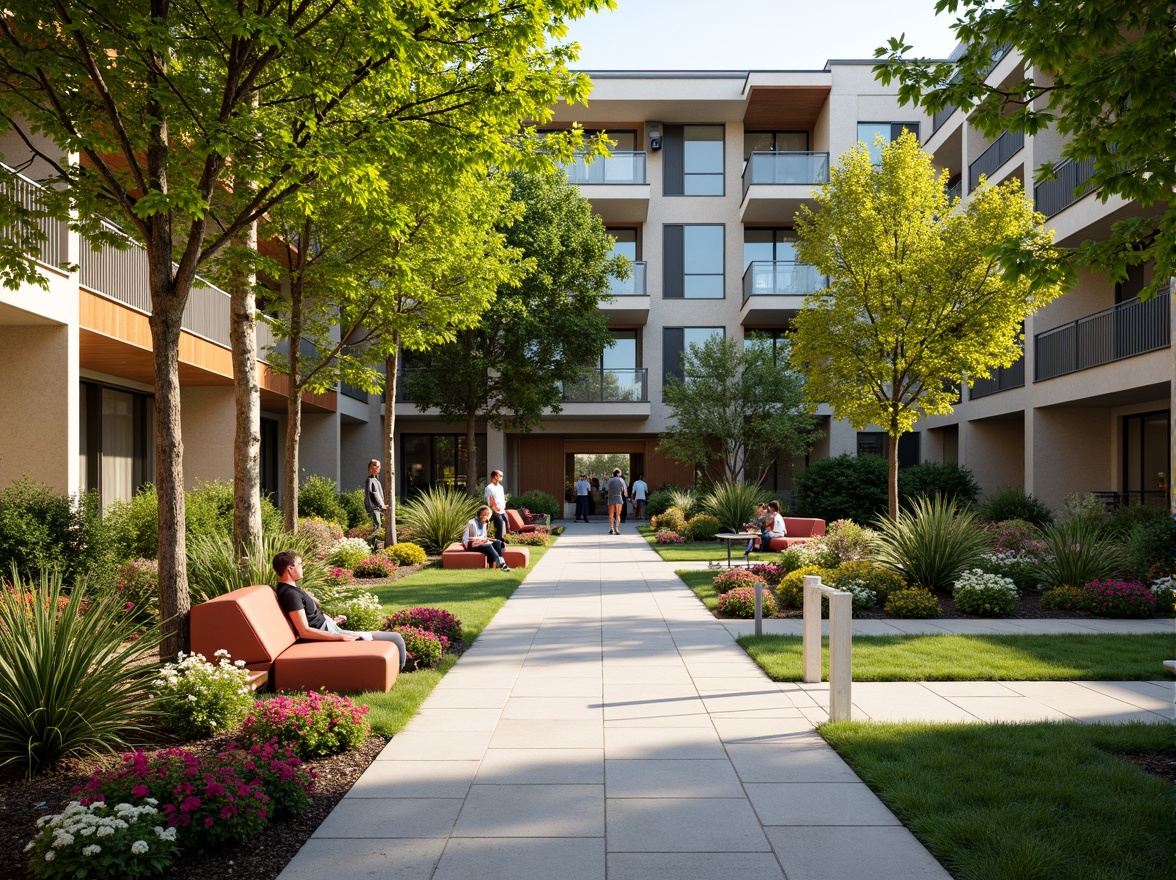 Prompt: Vibrant student courtyard, lush greenery, colorful flowerbeds, natural stone pathways, modern benches, outdoor seating areas, educational signs, wooden accents, cozy reading nooks, shaded relaxation zones, soft warm lighting, shallow depth of field, 3/4 composition, panoramic view, realistic textures, ambient occlusion.