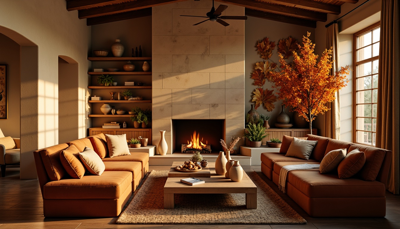 Prompt: Cozy living room, warm beige walls, rich wood accents, soft golden lighting, plush velvet sofas, rustic wooden coffee tables, woven jute rugs, earthy terracotta vases, natural stone fireplaces, crackling flames, autumnal leaf patterns, warm sunset hues, comforting candlelight, inviting textures, harmonious color balance, 2/3 composition, shallow depth of field, soft focus, atmospheric perspective.