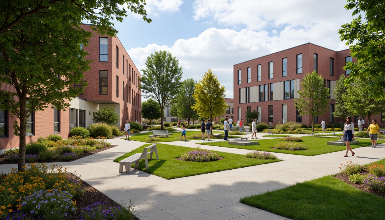 Prompt: Vibrant student hall courtyard, lush green lawns, colorful blooming flowers, modern outdoor furniture, sleek metal benches, educational signage, natural stone pathways, brick buildings, contemporary architecture, large windows, glass doors, shaded outdoor spaces, misting systems, warm sunny day, soft warm lighting, shallow depth of field, 3/4 composition, panoramic view, realistic textures, ambient occlusion.