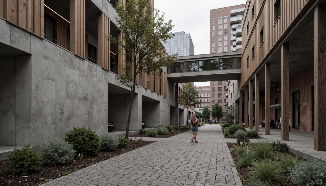 Prompt: Exposed concrete walls, rough stone foundations, weathered steel beams, industrial metal pipes, raw wood accents, distressed brick facades, rugged stucco surfaces, brutalist concrete columns, geometric patterned tiles, minimalist ornamentation, functional simplicity, urban cityscape, overcast sky, dramatic shadows, high contrast lighting, wide angle lens, 2/3 composition, realistic textures, ambient occlusion.