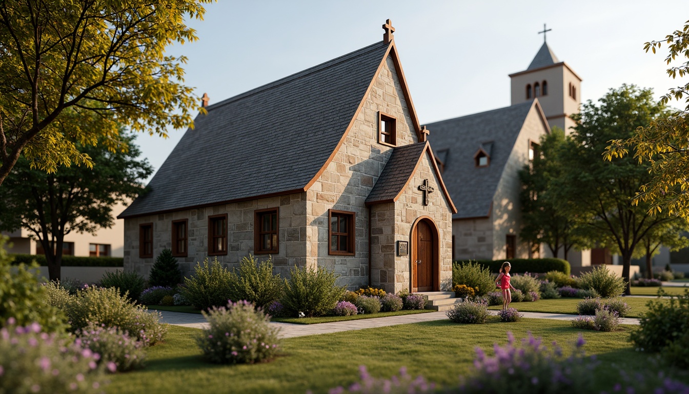 Prompt: Rustic suburban church, stone facade, pitched roofs, stained glass windows, wooden doors, ornate details, crucifix decorations, serene surroundings, lush greenery, blooming flowers, tranquil atmosphere, warm natural lighting, shallow depth of field, 3/4 composition, realistic textures, ambient occlusion, subtle color palette, earthy tones, soft warm shadows.