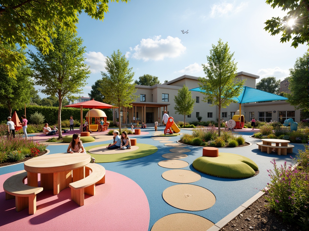 Prompt: Vibrant kindergarten playground, soft rubber flooring, colorful outdoor furniture, whimsical climbing structures, interactive musical instruments, sensory gardens, butterfly-shaped planters, blooming flower beds, natural stone pathways, wooden picnic tables, shade-providing canopies, sunny day, warm gentle lighting, shallow depth of field, 3/4 composition, panoramic view, realistic textures, ambient occlusion.Let me know if this meets your requirements!