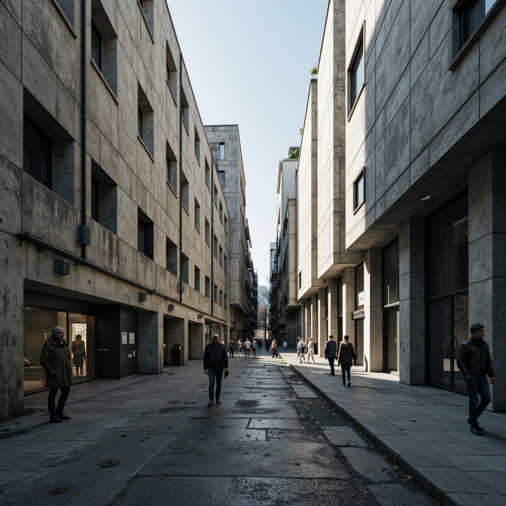 Prompt: Bare concrete walls, rugged textures, monolithic forms, industrial aesthetic, raw materiality, urban brutalism, functional simplicity, fortress-like structures, monumental scales, dramatic shadows, harsh natural light, cold atmospheric tones, 3/4 composition, low-angle shots, gritty realistic rendering.