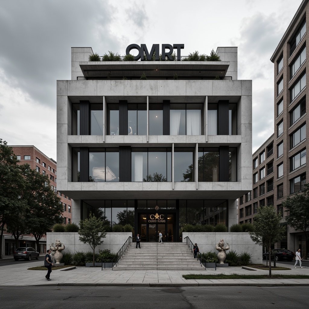 Prompt: Geometric courthouse facade, asymmetrical composition, rectangular windows, flat roof, cantilevered upper floors, rugged concrete walls, industrial metal frames, minimalist ornamentation, functionalist architecture, urban cityscape, cloudy grey sky, dramatic shadowing, high-contrast lighting, bold typography, monumental entrance, symmetrical staircase, polished stone flooring, sleek handrails, modernist aesthetics, monochromatic color scheme, abstract sculptures, ornate clock tower, brutalist design elements.