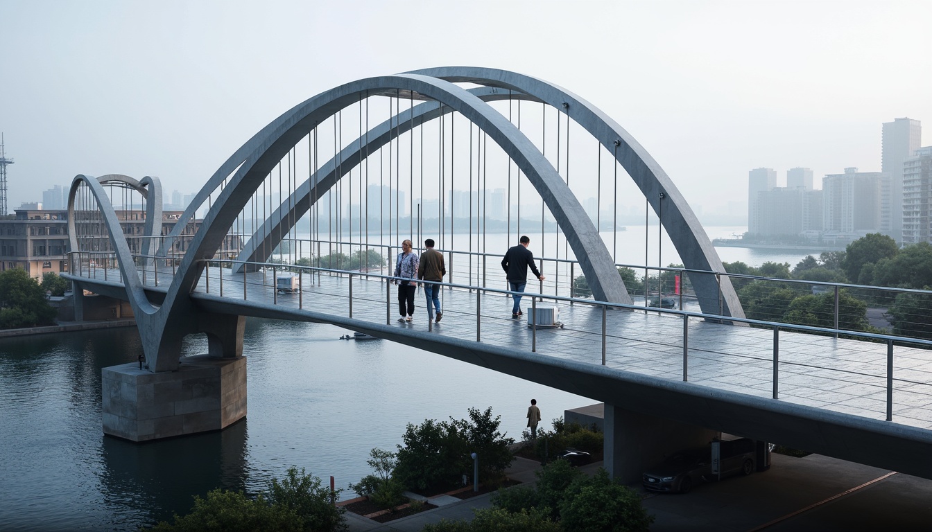 Prompt: Futuristic bridge design, sleek metal arches, suspension cables, angular piers, minimalist railings, LED lighting systems, iridescent coatings, reflective glass surfaces, parametric architecture, algorithmic patterns, cantilevered sections, asymmetrical shapes, high-strength steel materials, advanced engineering solutions, urban cityscape background, misty atmospheric effects, shallow depth of field, 1/1 composition, realistic textures, ambient occlusion.