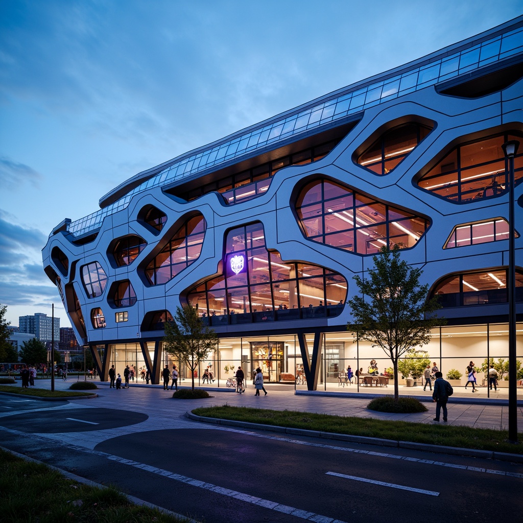 Prompt: Dynamic football stadium facade, parametric architecture, undulating curves, LED light installations, transparent glass panels, cantilevered roofs, steel beams, bold color schemes, geometric patterns, futuristic aesthetics, urban landscape, city skyline views, evening ambient lighting, shallow depth of field, 1/1 composition, wide-angle lens, realistic materials, atmospheric effects.