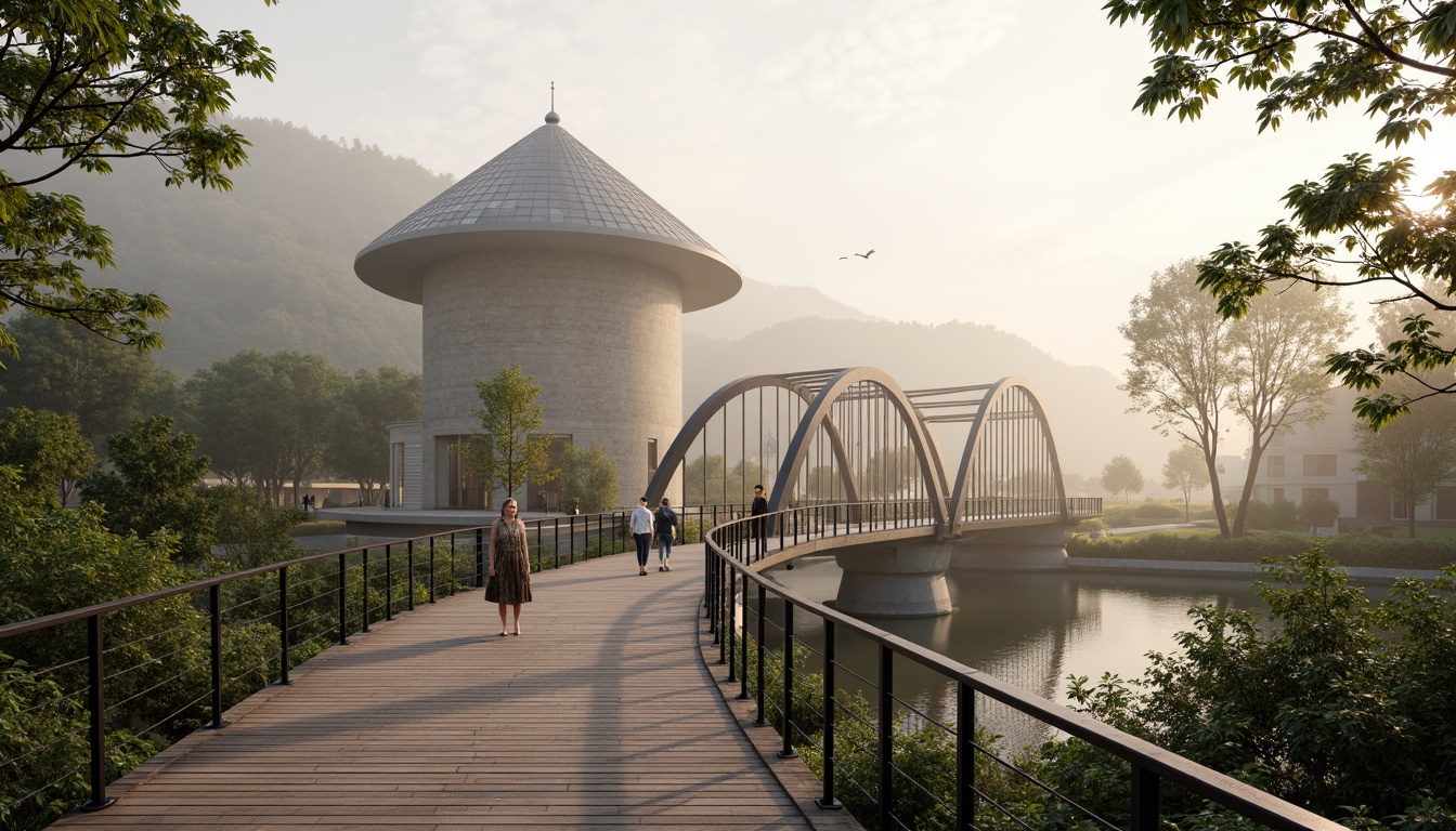 Prompt: Eco-friendly pedestrian bridge, curved steel arches, wooden decking, solar-powered lighting, green roofs, rainwater harvesting systems, recycled metal railings, natural stone foundations, minimal environmental impact, modern minimalist design, sleek cable-stayed construction, misty morning atmosphere, soft warm lighting, shallow depth of field, 3/4 composition, panoramic view, realistic textures, ambient occlusion.