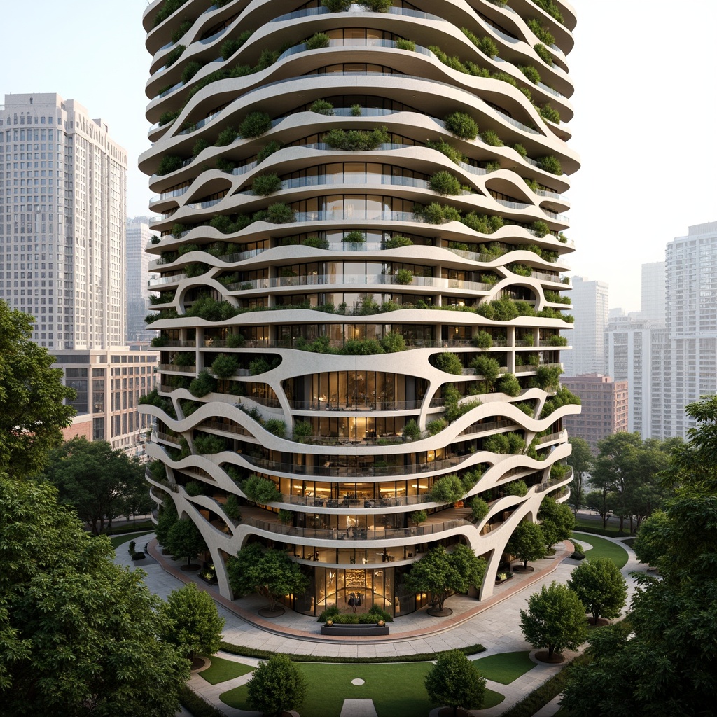 Prompt: Curved skyscraper, organic shapes, natural stone fa\u00e7ade, lush green walls, vertical gardens, cantilevered balconies, floor-to-ceiling windows, transparent glass railings, soft diffused lighting, warm beige tones, earthy color palette, natural ventilation systems, eco-friendly materials, sustainable design principles, urban jungle atmosphere, bustling cityscape, panoramic views, 1/2 composition, shallow depth of field, realistic textures, ambient occlusion.