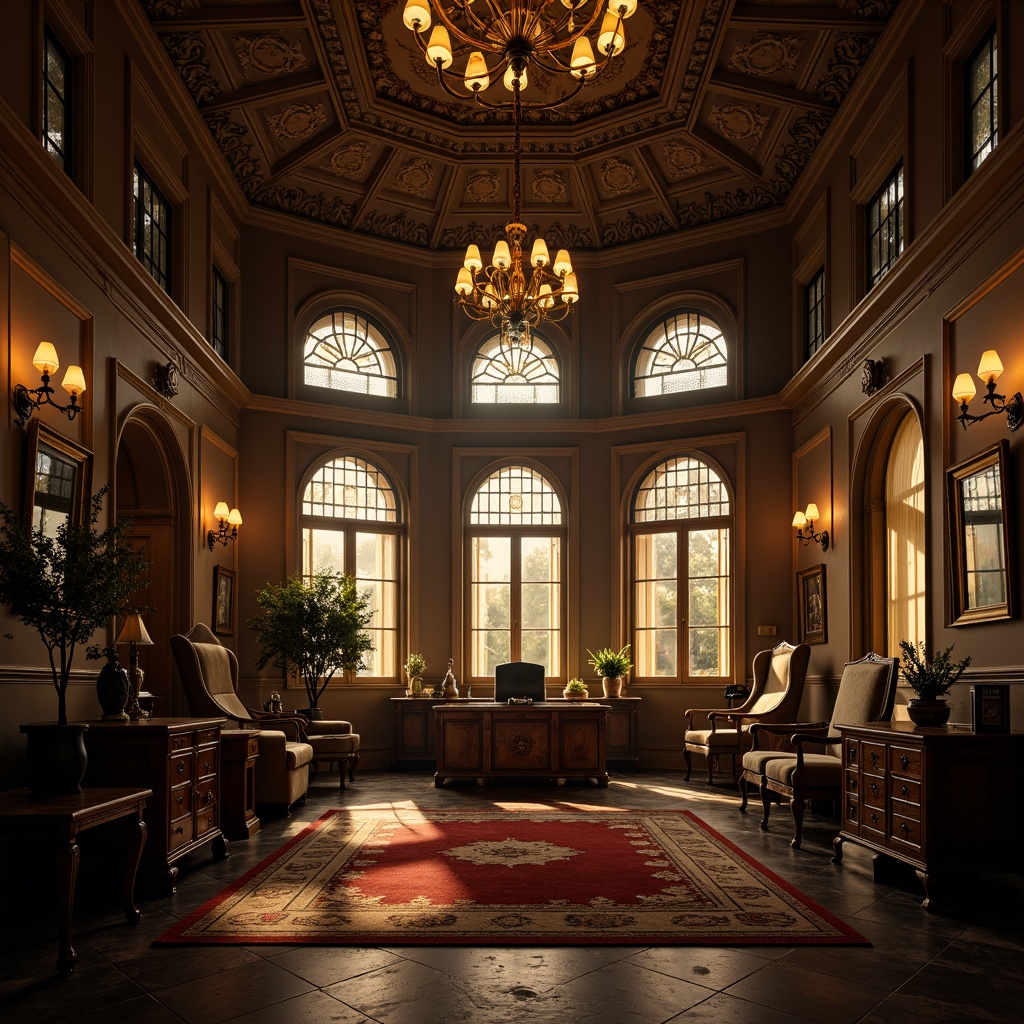 Prompt: Mysterious office interior, grand vaulted ceiling, ornate stone carvings, stained glass windows, warm golden lighting, dramatic shadows, rich wooden furniture, intricate metalwork, luxurious velvet fabrics, majestic chandeliers, warm candlelight, high contrast ratio, strong directional light sources, cinematic atmosphere, mysterious ambiance, symmetrical composition, low depth of field, realistic textures.