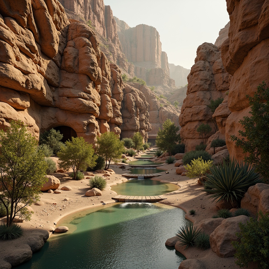 Prompt: Rustic canyon landscape, eroded rock formations, earthy tones, natural stone walls, wooden bridge structures, weathered steel beams, rough-hewn wooden planks, sandy riverbeds, turquoise water pools, lush green vegetation, desert flora, cacti plants, warm golden lighting, soft shadows, 1/1 composition, atmospheric perspective, detailed rock textures, realistic terrain mapping.