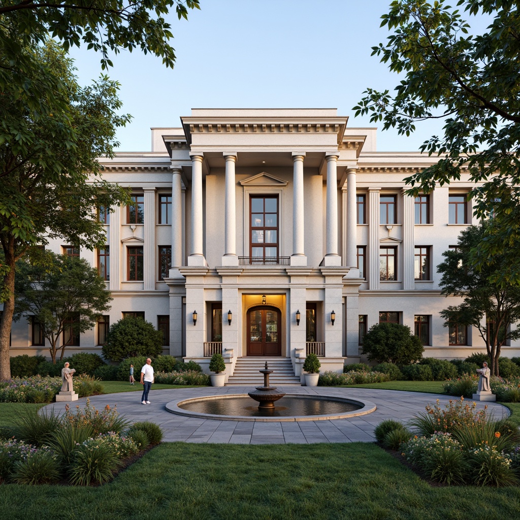 Prompt: Grandiose office building facade, symmetrical columns, ornate details, manicured lawns, trimmed hedges, vibrant flower beds, walking paths, stone statues, elegant fountains, tranquil water features, mature trees, lush greenery, classical architecture, rusticated base, arched windows, pedimented entrance, subtle lighting, warm color palette, 1/2 composition, shallow depth of field, soft focus, realistic textures.