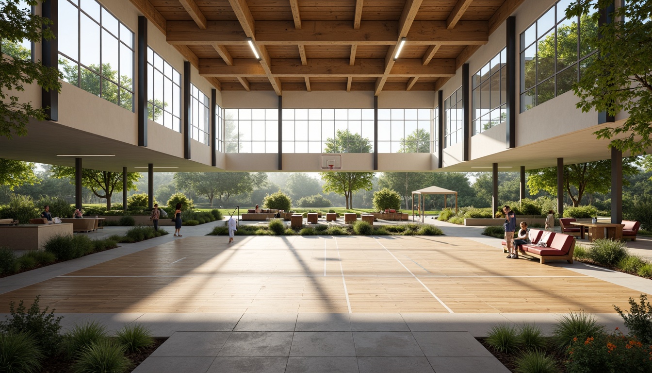 Prompt: Natural light filled gymnasium, large windows, sliding glass doors, indoor-outdoor connection, wooden flooring, athletic equipment, basketball courts, tennis tables, running tracks, green roofs, outdoor seating areas, landscaped gardens, native plant species, water features, small ponds, walking paths, shaded courtyards, cantilevered structures, modern architecture, clean lines, minimalist design, abundant natural ventilation, soft warm lighting, shallow depth of field, 3/4 composition, realistic textures, ambient occlusion.