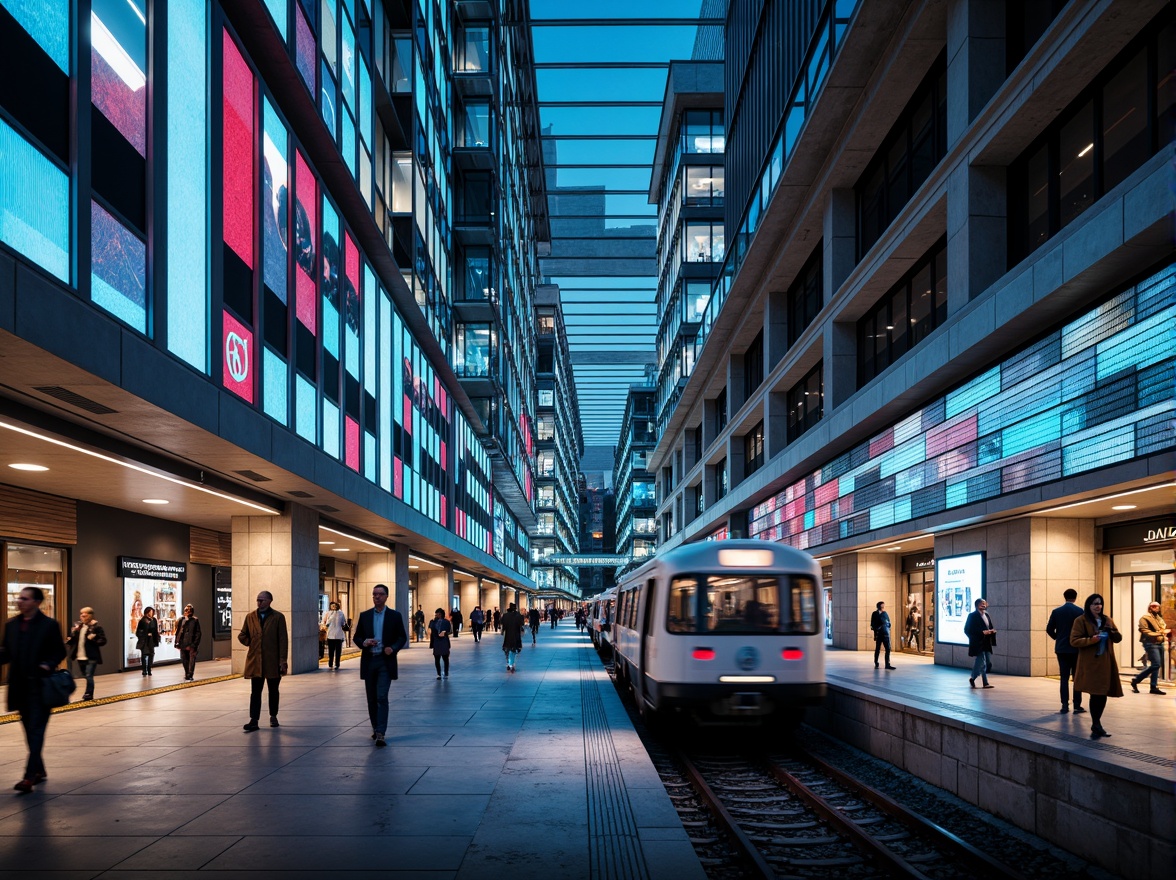 Prompt: Futuristic metro station, sleek metallic facade, dynamic LED lighting, angular lines, geometric patterns, modern high-tech architecture, large glass windows, automatic sliding doors, vibrant neon signs, urban cityscape, busy pedestrian traffic, morning rush hour, soft warm lighting, shallow depth of field, 1/1 composition, panoramic view, realistic textures, ambient occlusion.