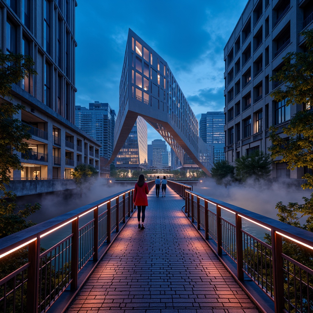 Prompt: Futuristic pedestrian bridge, sleek metal railings, LED strip lights, vibrant color-changing effects, dynamic beam angles, suspended walkway, urban cityscape, nighttime ambiance, misty fog atmosphere, modern architecture, angular lines, minimalist design, sustainable energy solutions, solar panels, wind turbines, water conservation systems, green roofs, eco-friendly materials, innovative cooling technologies, shaded outdoor spaces, misting systems, Arabic-inspired patterns, vibrant colorful textiles, intricate geometric motifs, 3/4 composition, panoramic view, realistic textures, ambient occlusion.