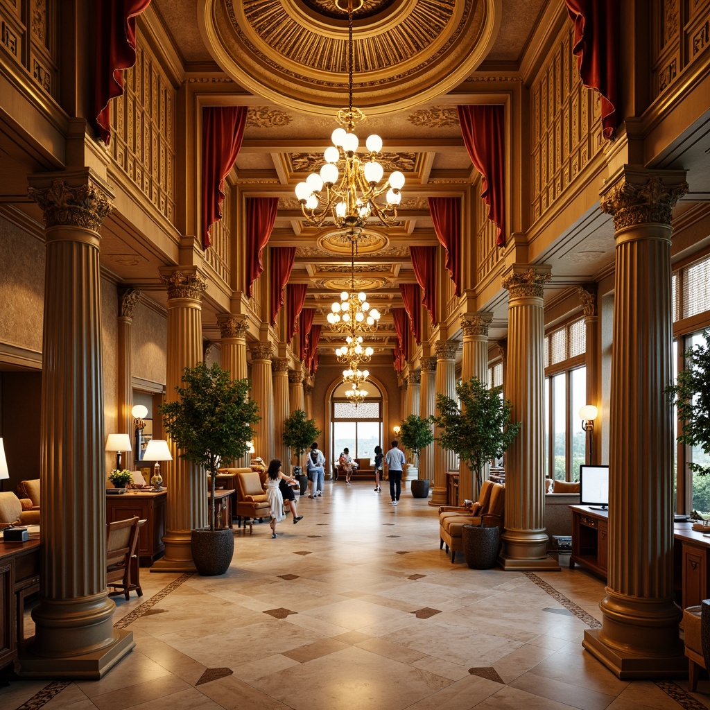 Prompt: Grandiose dental clinic, ornate columns, intricately carved capitals, gilded details, marble floors, high ceilings, dramatic archways, lavish chandeliers, opulent furnishings, rich textiles, bold color schemes, warm golden lighting, shallow depth of field, 3/4 composition, symmetrical framing, realistic reflections, ambient occlusion.