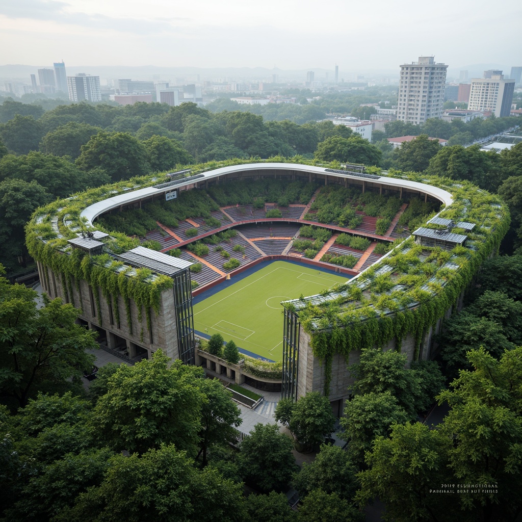 Prompt: Lush green roofs, living walls, natural stone fa\u00e7ades, cantilevered seating areas, curved lines, organic shapes, sustainable materials, eco-friendly design, urban forest surroundings, misty morning atmosphere, soft warm lighting, shallow depth of field, 3/4 composition, panoramic view, realistic textures, ambient occlusion, modern stadium architecture, sleek metal structures, transparent glass walls, vibrant colorful accents, dynamic LED light installations, tiered seating arrangements, grand entrance gates, natural ventilation systems, innovative cooling technologies.