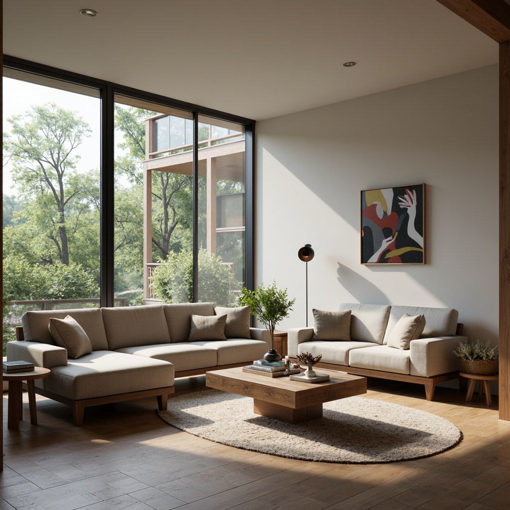 Prompt: Modern living room, minimalist decor, sleek lines, monochromatic color scheme, comfortable sofa, geometric coffee table, floor-to-ceiling windows, natural light, warm wooden flooring, abstract artwork, ambient lighting, cozy atmosphere, 3/4 composition, shallow depth of field, realistic textures, soft focus.